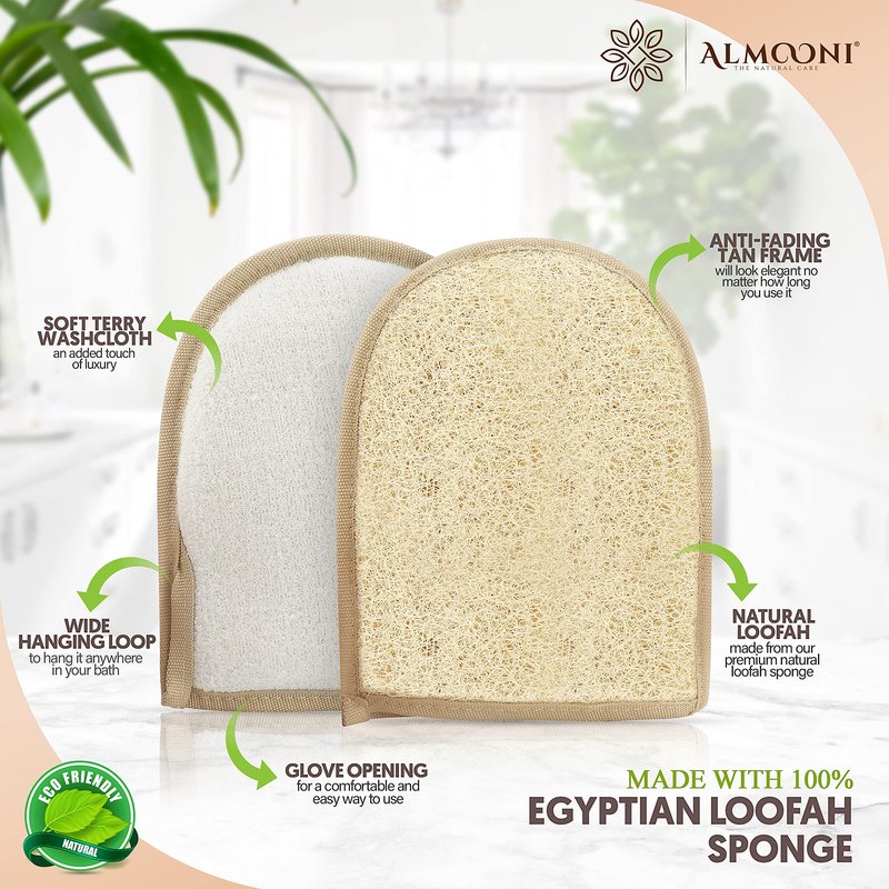 Almooni Egyptian Loofah Gloves for Women & Men, Real Natural Egyptian Loofah Mittens with Terry Cloth, Premium Exfoliating Mitt for Body Cleansing, 2-Pack