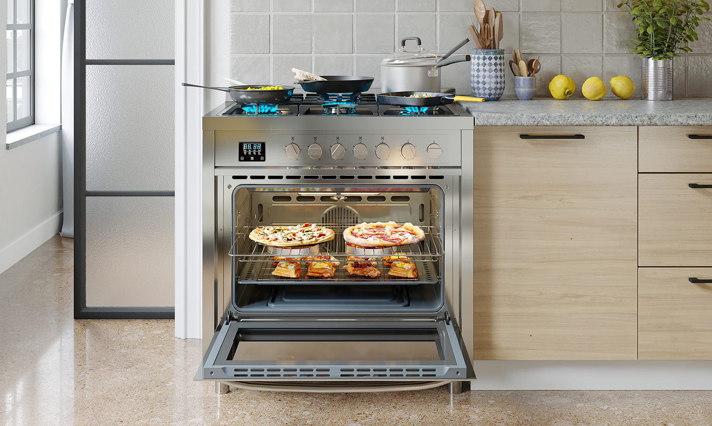 KoolMore 36” Inch Professional Gas Range Stove with 5 Burner Cooktop, Rapid Convection Oven, and Digital Timer with Heavy-Duty Cast Iron Grates, Stainless-Steel Appliance (KM-FR36GL-SS), Silver