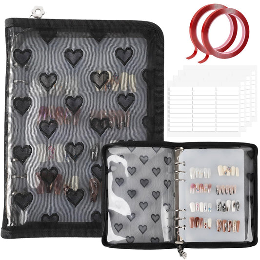 ASTONFOG Press On Nail Storage Organizer Binder with 8 Insert Pages - A5 Size & Double Sized Tapes, Press on Nails Display Storage Book, Reusable Fake Nail Swatch Collecting Book (Black)