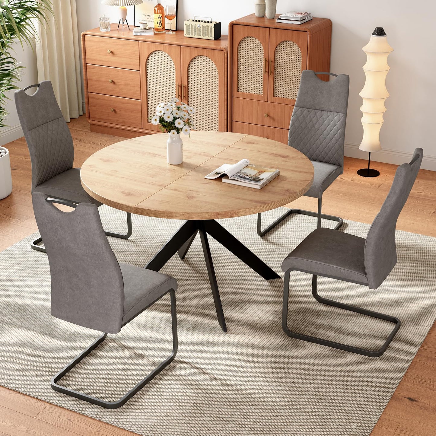 Zerifevni 46.4" Dining Table and Chair Set, Mid Century Modern for Set of 4, Coffee Table with Steel Legs for Kitchen Dining Room, Office, Save Space