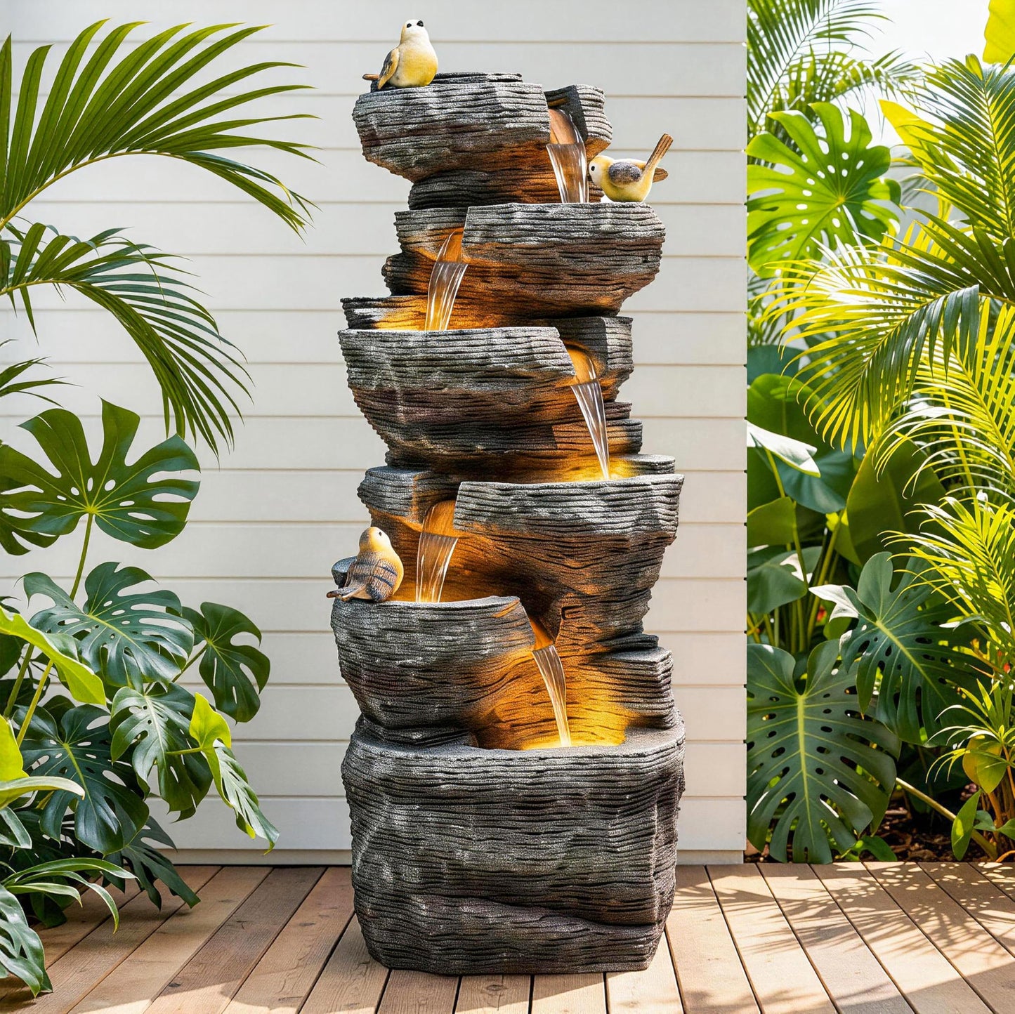 Ultym 40" H Extra-Large Rock Outdoor Water Fountain with LED Lights, 6-Tier Cascading Stone Waterfall with Birds for Garden Patio Porch, Weather-Resistant Polyresin Water Feature for Tranquil Oasis