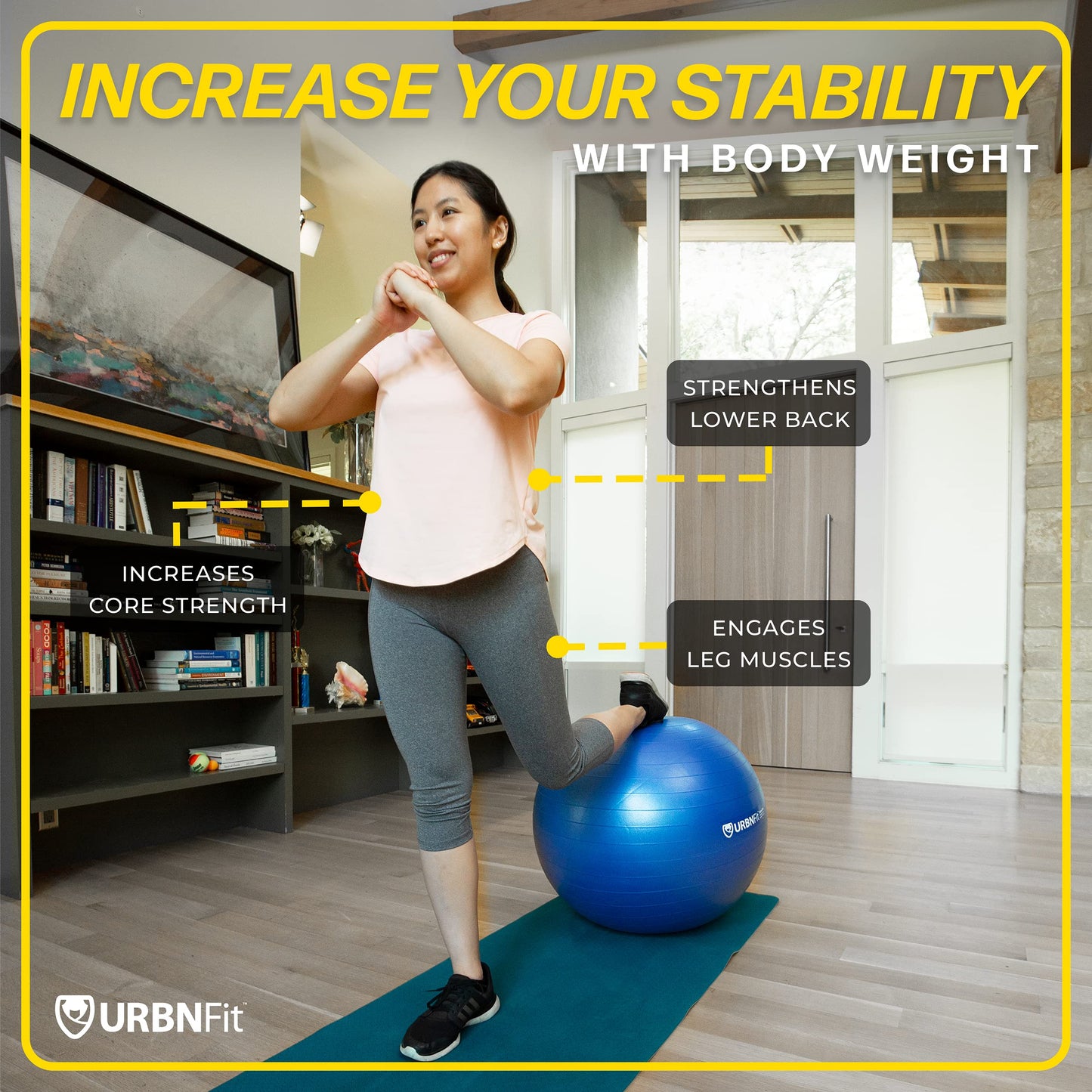 URBNFit Exercise Ball - Yoga Ball in Multiple Sizes for Yoga, Pilates, Pregnancy, Stability - Anti-Burst Swiss Balance Ball w/Quick Pump – Office Ball Chair for Home and Gym – 26 Inch - Blue