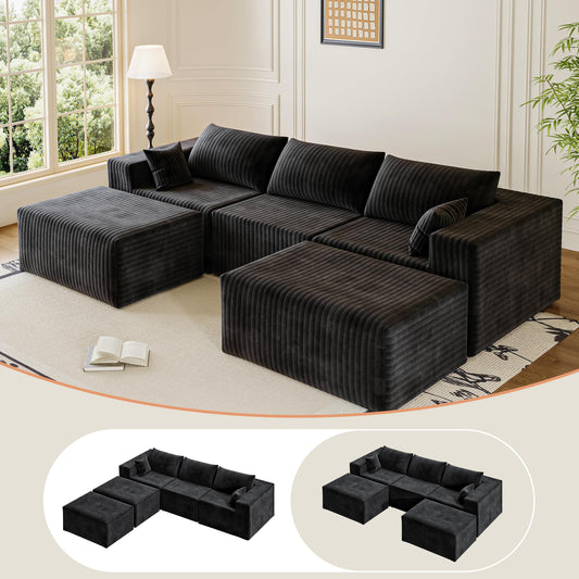 CABZOON 110" Boneless Couches for Living Room Cloud Couch Modular Sectional Sofa with Deep Seat Plush Large Foam SofaU-Shape Sofa Couch,No Assembly Required, Black (Plush Corduroy Fabric)