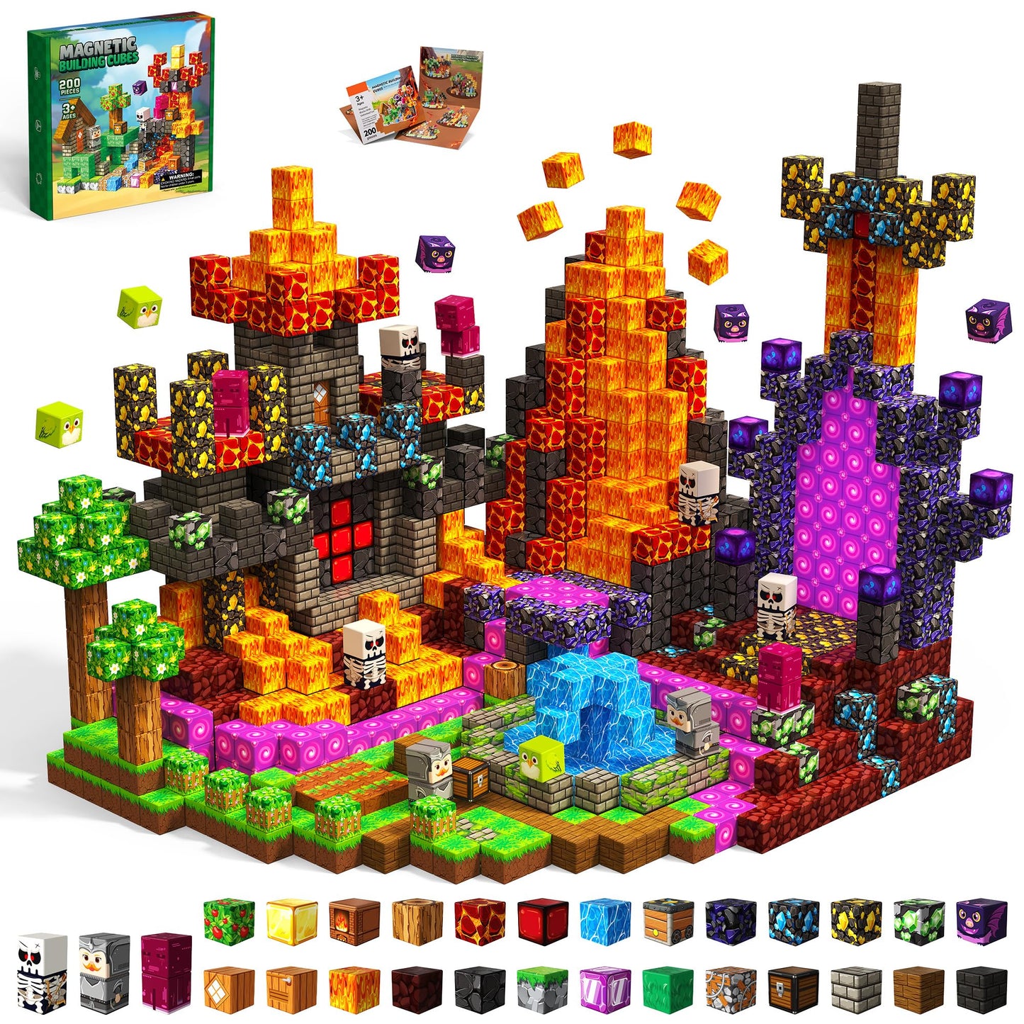 Tasalia 200PCS Magnetic Building Blocks for Kids Ages 3+, 0.8 Inch Magnetic Blocks, Magnetic Cubes Toys, STEM Educational Stacking Blocks for Boys Girls, Perfect Holiday Birthday Gift(Volcano Sword)