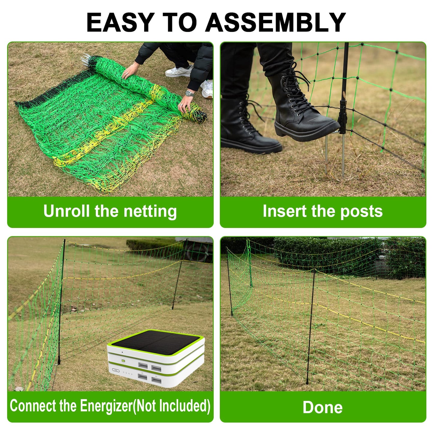 TMEE Electric Goat Sheep Fencing Livestock Netting Fence with 14 Posts, Double Spiked, Portable Mesh for Lambs, Deer, Hogs, Dogs, 35.5" H x 164' L, Green