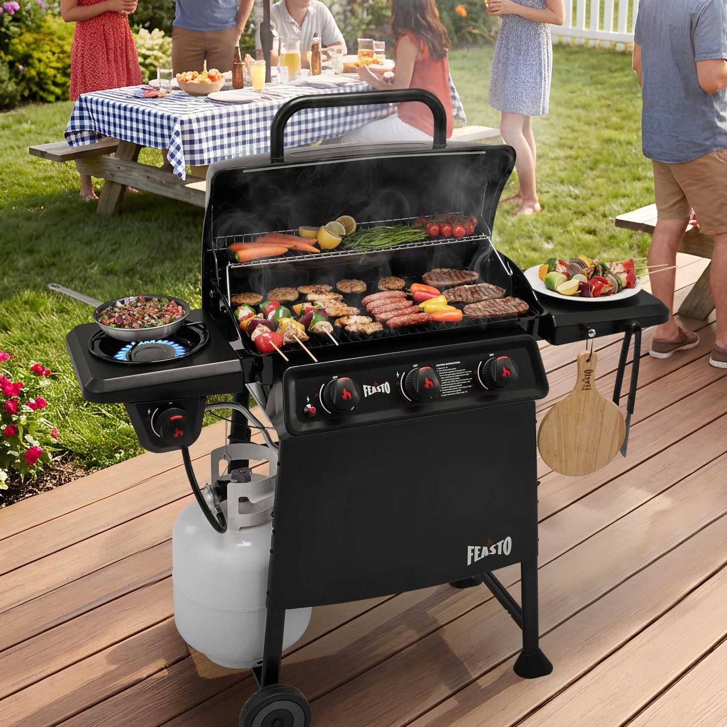 Feasto 3 Burner Propane Gas Grill with Side Burner, Porcelain-Enamel Main Body and Lid, Propane BBQ Grill with 38,000 BTUs Output & Side Table for Patio, Backyard, Poolside Gatherings