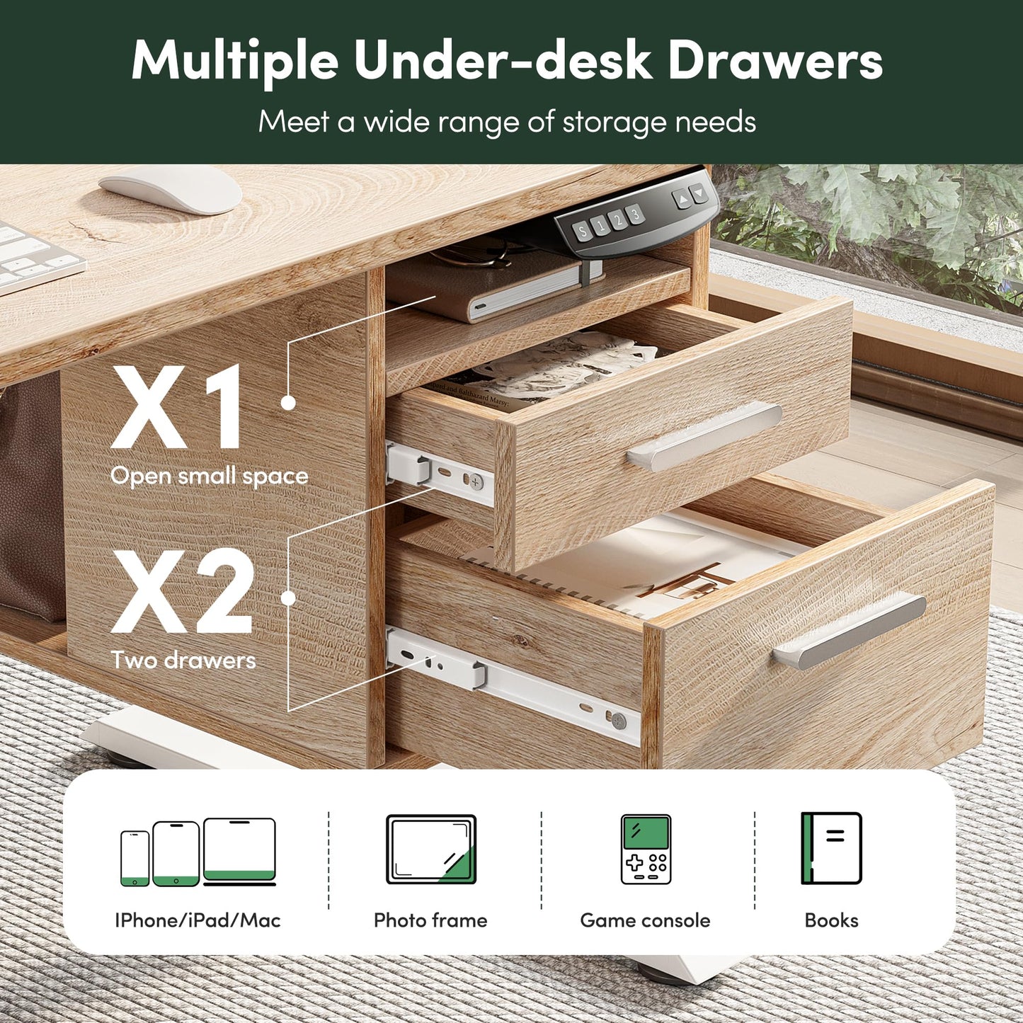 CubiCubi Standing Desk with Wood Drawers, 48" x 24" Electric Height Adjustable Table with Monitor Shelf, 3 Drawers and Open Storage, Computer Home Office Sit and Stand up Workstation, Maple