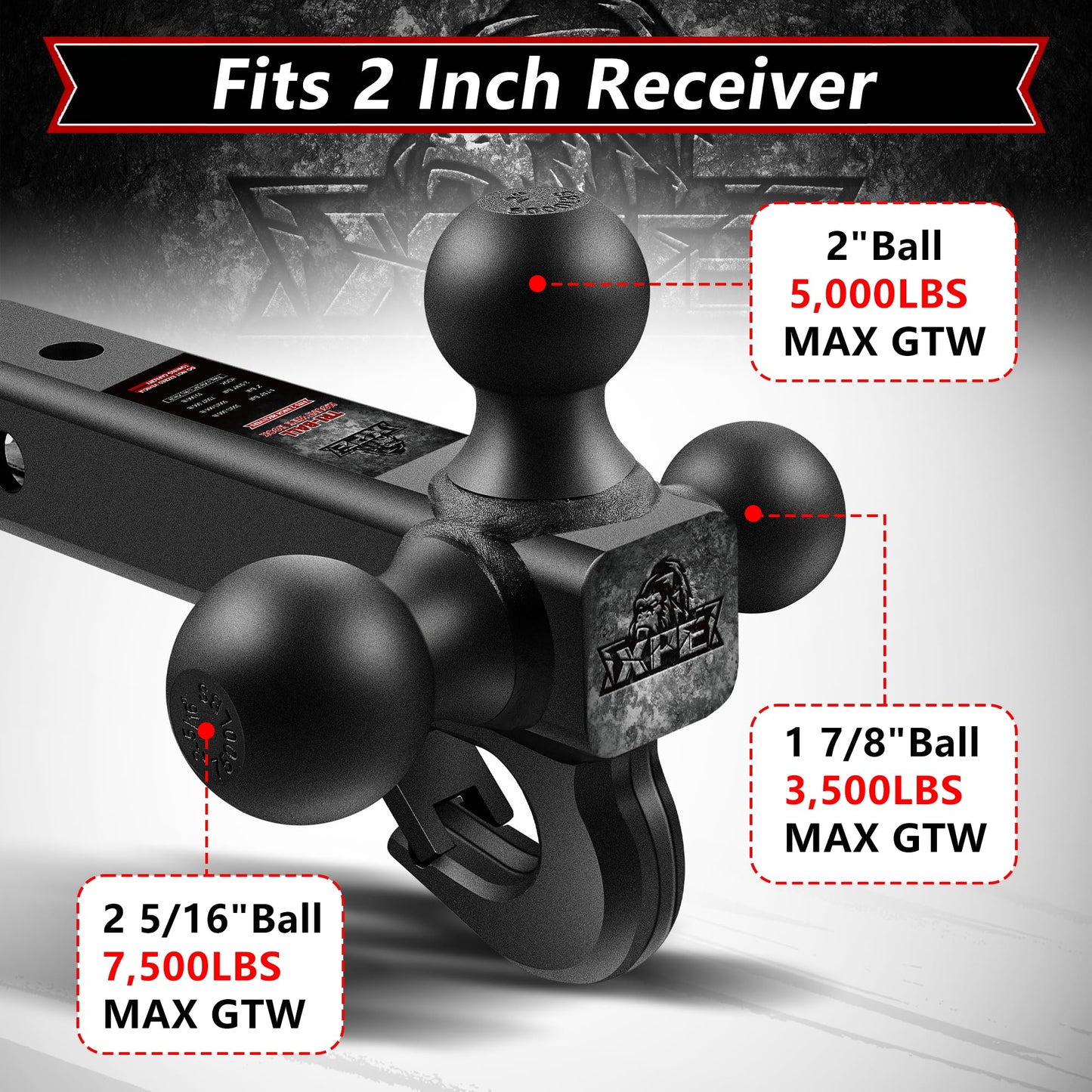 Trailer Hitch Tri Ball Mount with Hook,Fits 2” Hitch Receiver,1-7/8", 2"& 2-5/16"Matt Black Plated Balls ,Secure with Self-Lock Latch, 10,000 LBS GTW,for RV,SUV, ATV and Truck etc