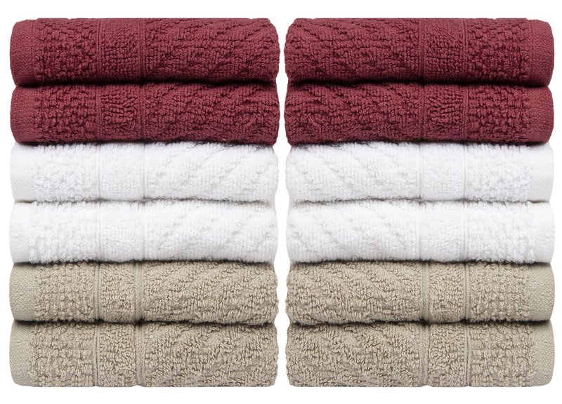 PH Pleasant Home Diagonal Wash Cloths Set - 12 Pack (12” x 12”) – 509 GSM - 100% Ring Spun Cotton Wash Cloth - Super Soft and Highly Absorbent Face Towels (Maroon, White & Tan)