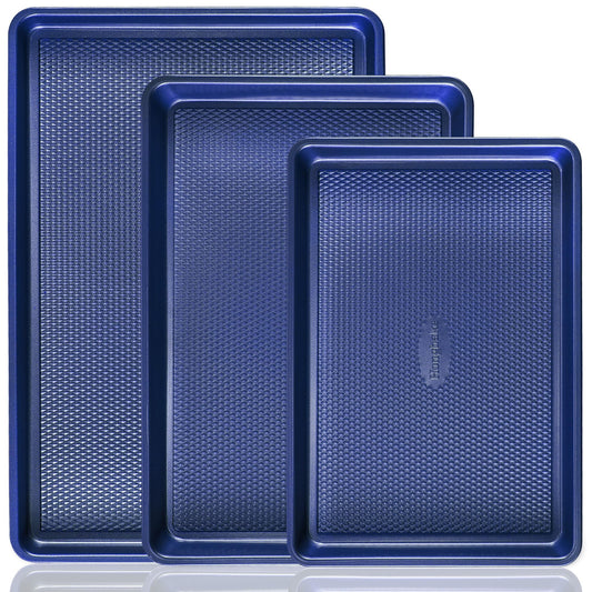 HONGBAKE Baking Sheet Pan Set, Cookie Sheets for Oven, Nonstick Half/Quarter/Jelly Roll Pans with Diamond Texture Pattern, Heavy Duty Cookie Tray, Dark Blue