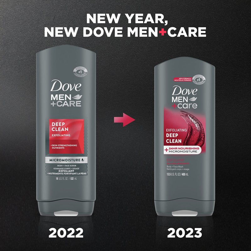 DOVE MEN + CARE Body and Face Wash Exfoliating Deep Clean Body Wash for Men with 24-Hour Nourishing Micromoisture Technology, 13.5 oz