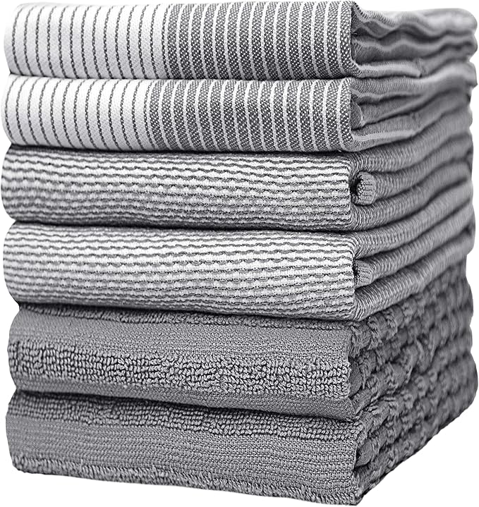 Premium Kitchen Towels (20âx 28â, 6 Pack) | Large Cotton Dish Towels | Flat & Terry Highly Absorbent Kitchen Linen Set with Hanging Loop | Gray