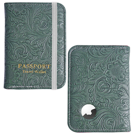 lizimandu Passport Holder with Airtag Slot, Airtag Passport Wallet for Men Women, Slim Leather Passport Holder Case Family for Travel Anti-Lost(1-Carved Grren)