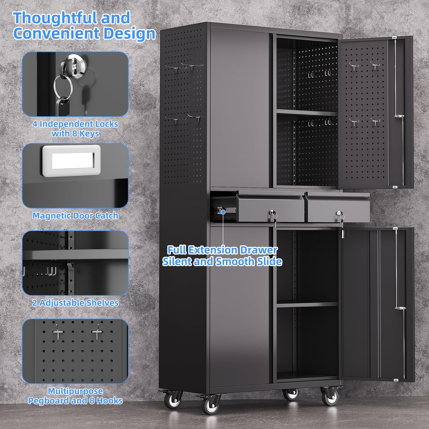 GLADIW Garage Storage Cabinet with Wheels, Metal Storage Cabinet with 2 Drawers and 2 Adjustable Shelves, Metal Lockers with Pegboards for Homes, Offices, Kitchens, Schools and Pantries