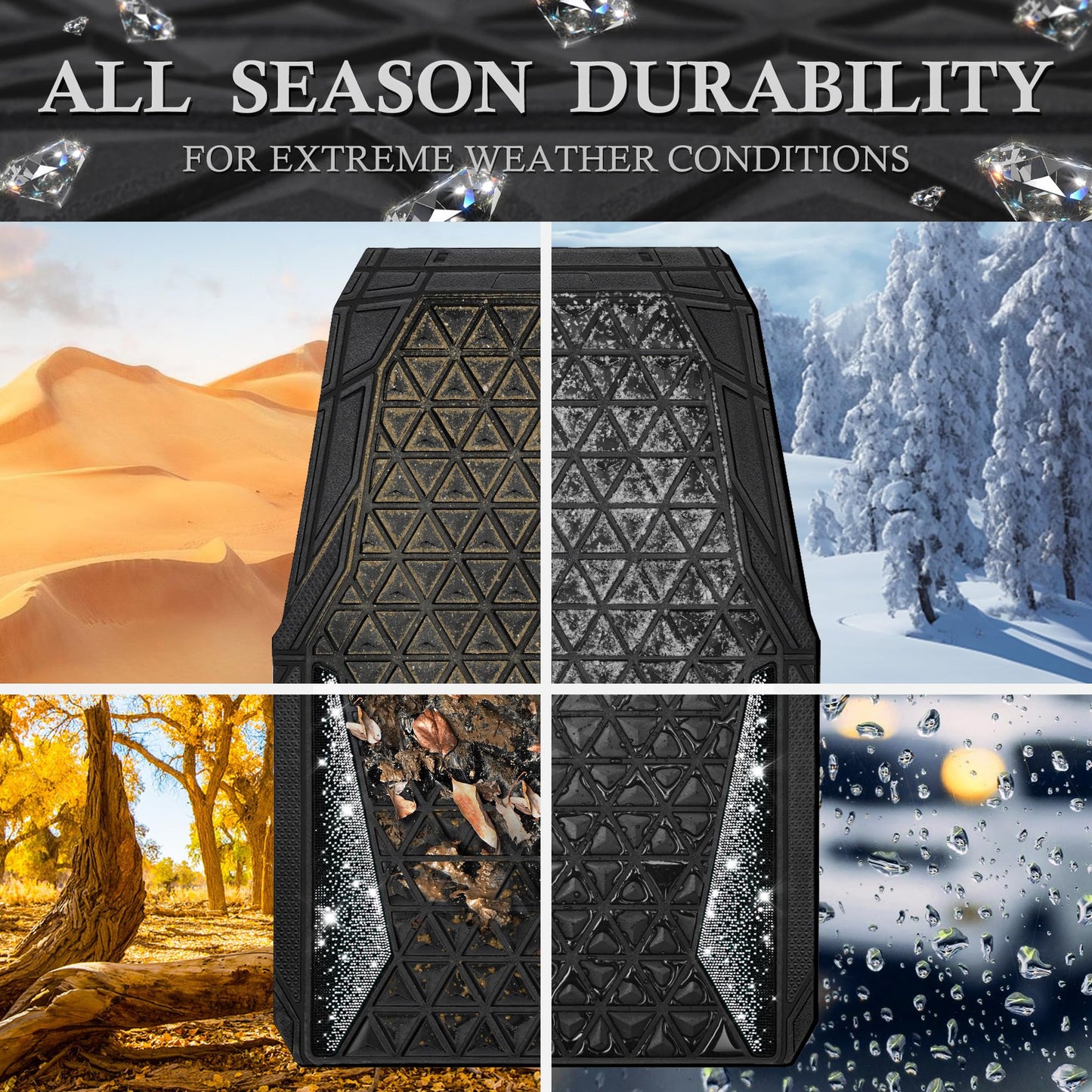 CAR PASS Bling Diamond Car Mats Rubber Floor Mats Full Set Anti-Slip 3D Rhombus Waterproof Trim to Fit Liner Universal Glitter Crystal Sparkly Shining Rhinestone Girl Women SUV Sedan Van, Black Silver
