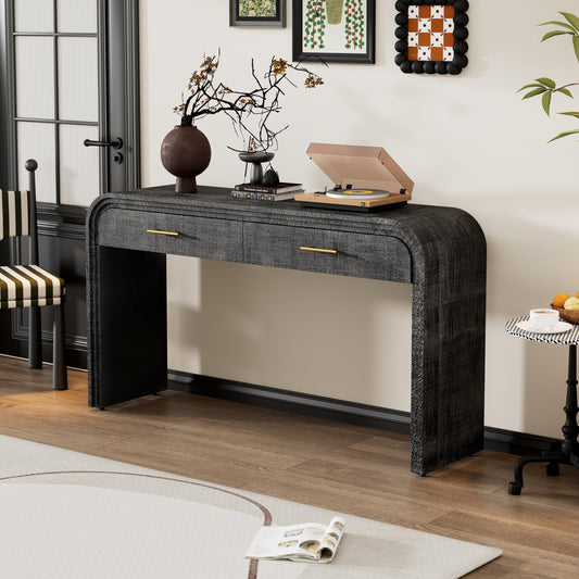GDFStudio 59" Retro Console Table with Drawers, Narrow Entryway Cabinet Sofa Table with Fluted Details & Distressed Finish, Wood Sideboard Buffet Tables for Living Room Dining Room, Antique Black-1