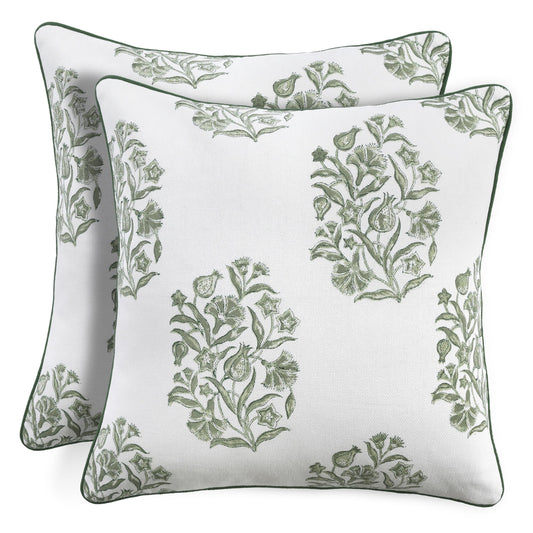 CPC Sage Green Block Print Throw Cushion Cover 20 x 20 Inch Set 2 - Decorative Boho Floral Pillow Case for Living Room, Bed, Sofa, Couch, Home Decor Cushion Cover Gift for Spring, Mother's Day