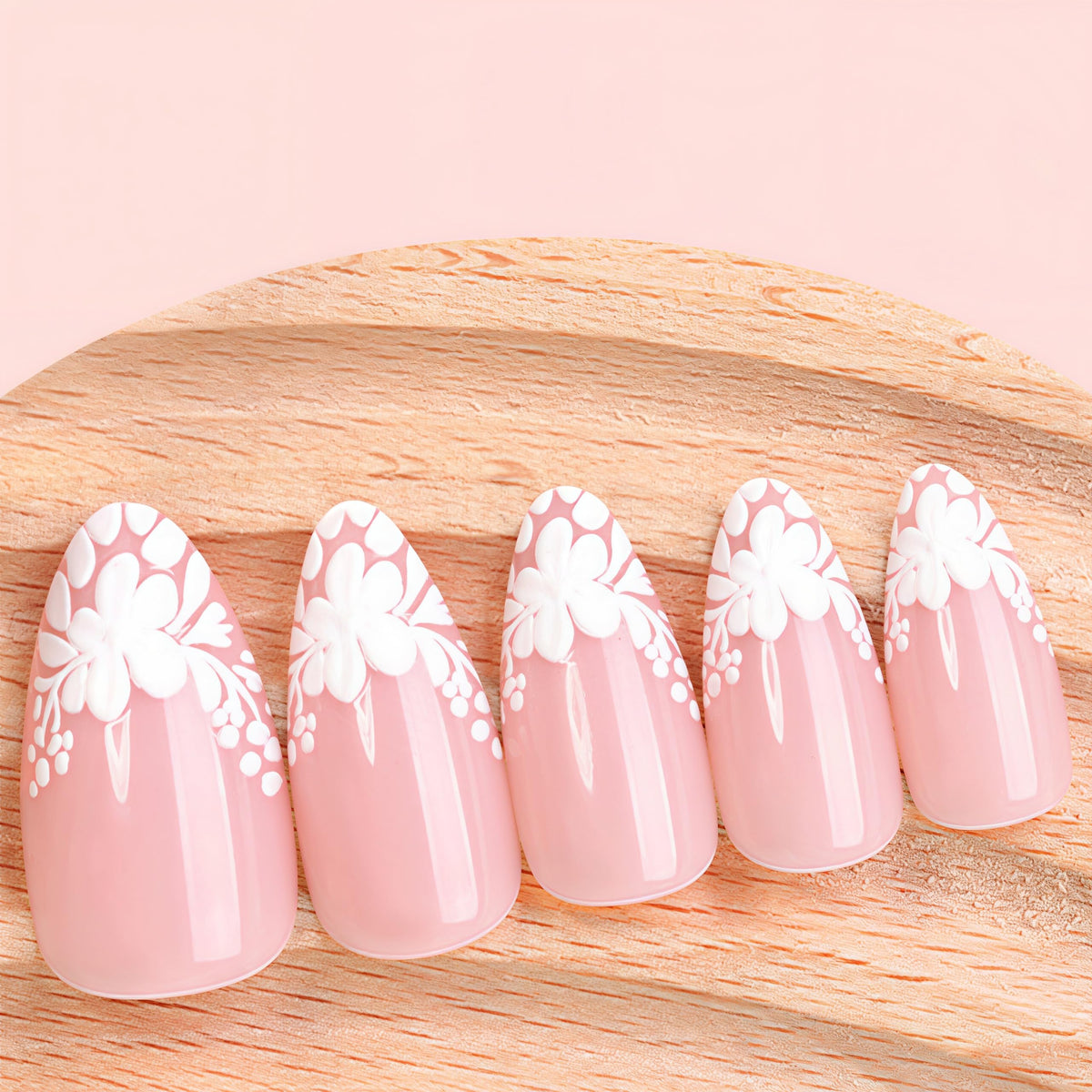 3D Floral French Press on Nails Medium Almond Fake Nails White Lace Floral French False Nails with 3D Daisy Flower Design Glossy Spring Stick on Nails for Women Girls Manicure Decoration 24 pcs