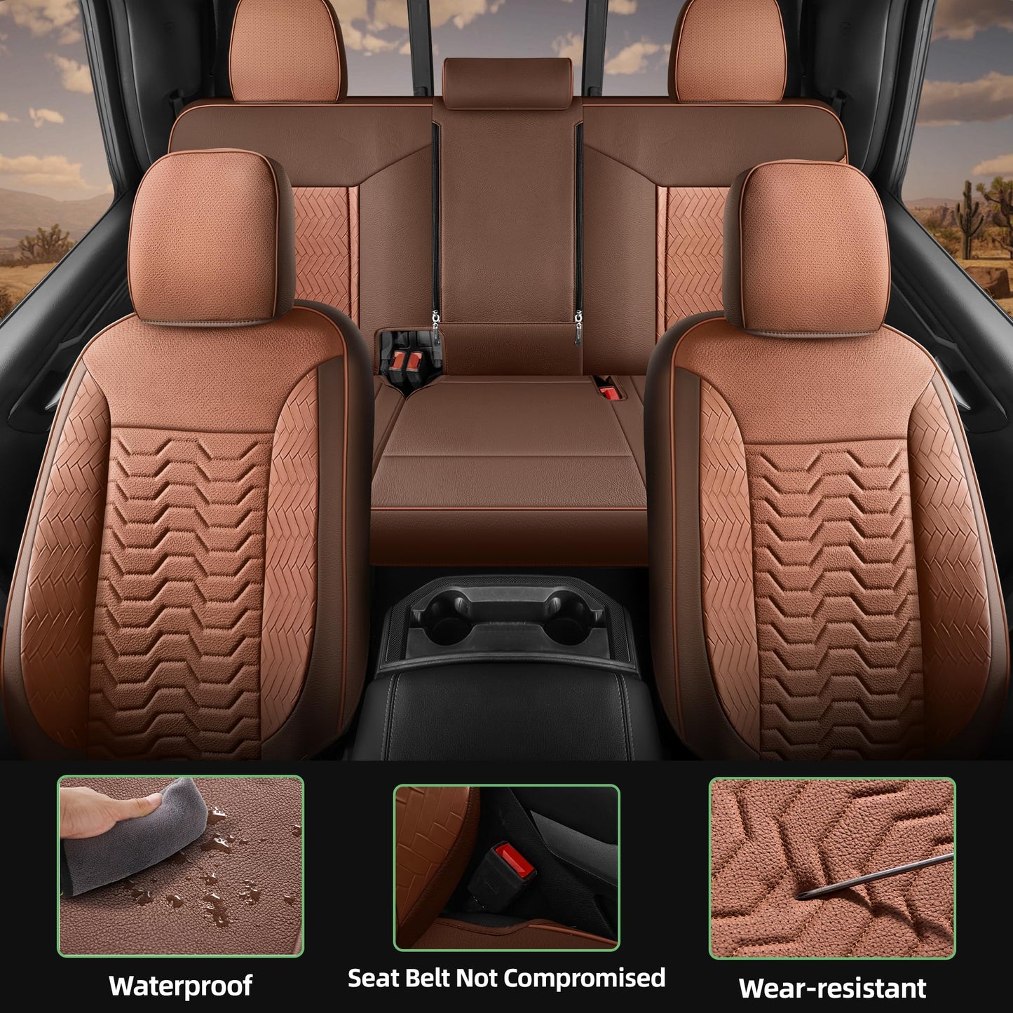 Red Rain Brown Leather Car Seat Cover for Chevy Silverado 2019-2025 1500 2500 3500 Crew Cab Double Extended Regular Cab LT LZT RST Trail Boss, GMC Sierra 2020-2026 (Silverado-Brown+Orange-2019/2025)