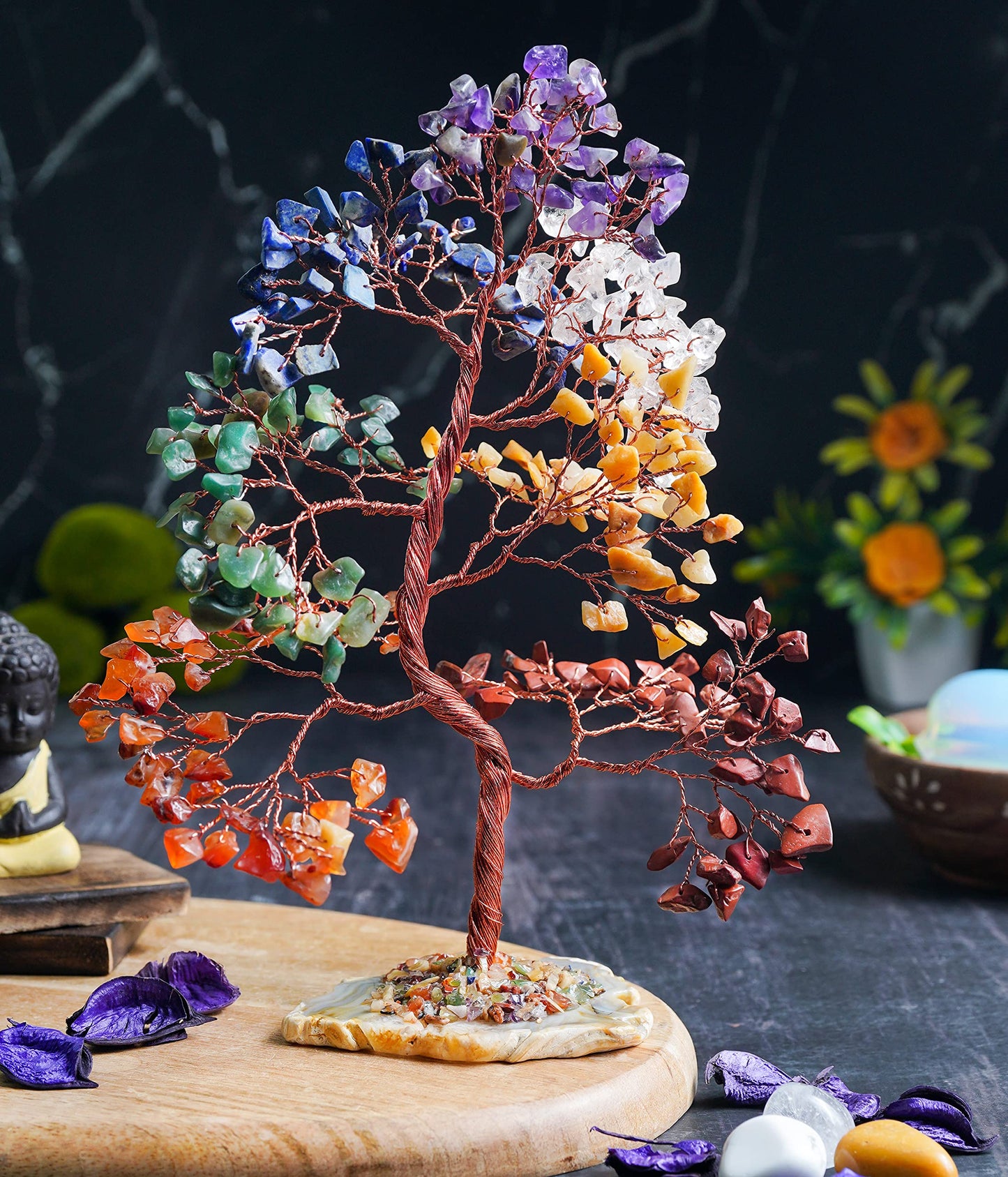 Crocon® 7 Chakra Tree of Life Spiritual Wisdom, Agate Slice Base, Handmade Crystal Tree for Positive Energy, Creativity, Seven Chakra Healing Stone, Attract Good Luck & Charm, Feng Shui Decor, Gifts