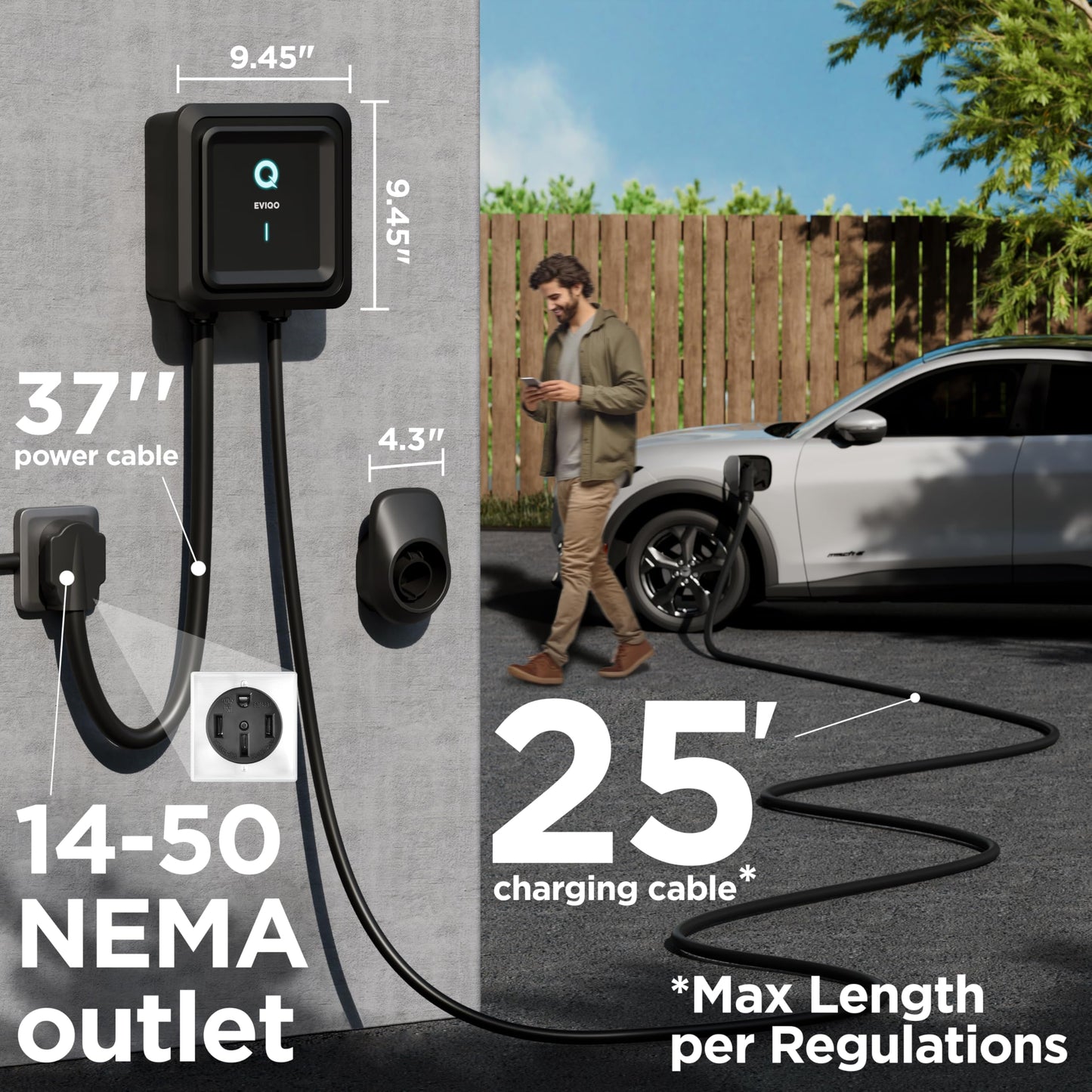 EVIQO Level 2 EV Charger 48 Amps – NEMA 14-50 Plug, J1772 25' Cable, WiFi (2.4 GHz) Smart App - Weatherproof Indoor/Outdoor (IP66,NEMA 4) UL, ETL Certified