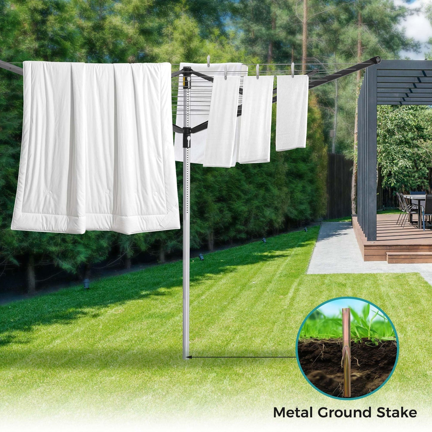 Suptinwear Outdoor Rotary Clothesline with Ground Spike, 4 Arm Umbrella Clothes Drying Rack, 12-Line 196 ft Large Laundry Drying Line, Adjustable Height Outdoor Clothesline for Backyard Patio Garden