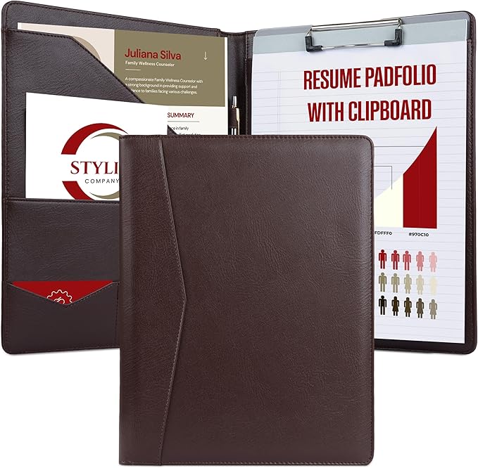 STYLIO Padfolio Folder with Removable Clipboard | Walnut (Brown) Color| Portfolio Organizer | Binder with Storage for Notebook, Notepad | Nursing Clipboard Folio | Vegan Leather