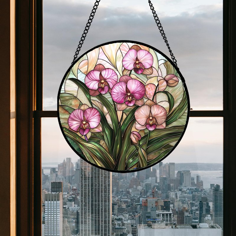 AMDERVEN Stained Glass Window Hanging - Pink Phalaenopsis Orchid Green Leaves Sun Catcher for Door Home Decor Flower Suncatcher Christmas Mother's Day Birthday Gifts for Women Men Mom Nana 7.8 in