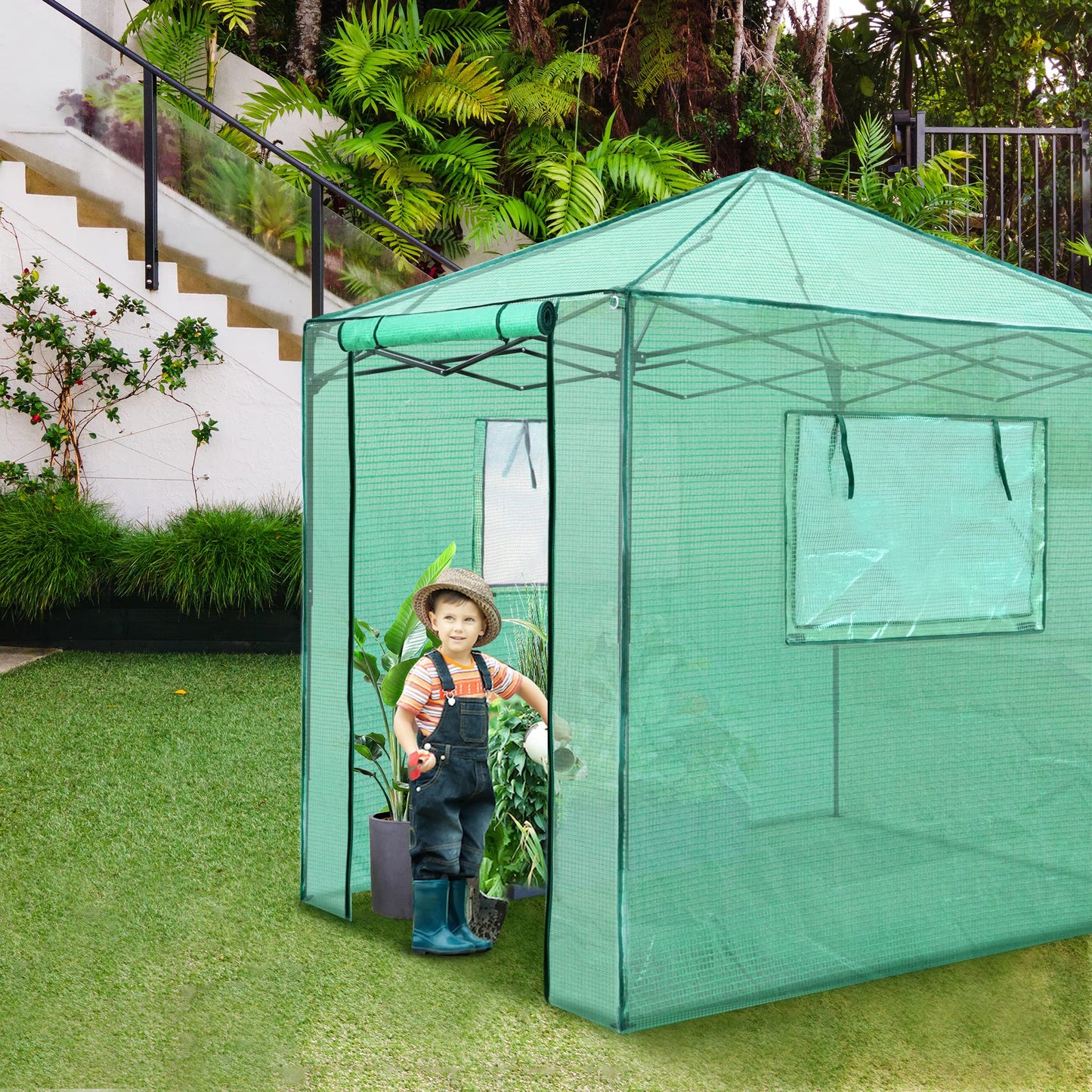 PexFix 8'x 8' Portable Walk-in Greenhouse, Easy Setup, Indoor/Outdoor, 2 Roll-Up Mesh Windows, Roll-Up Zipper Door, Green