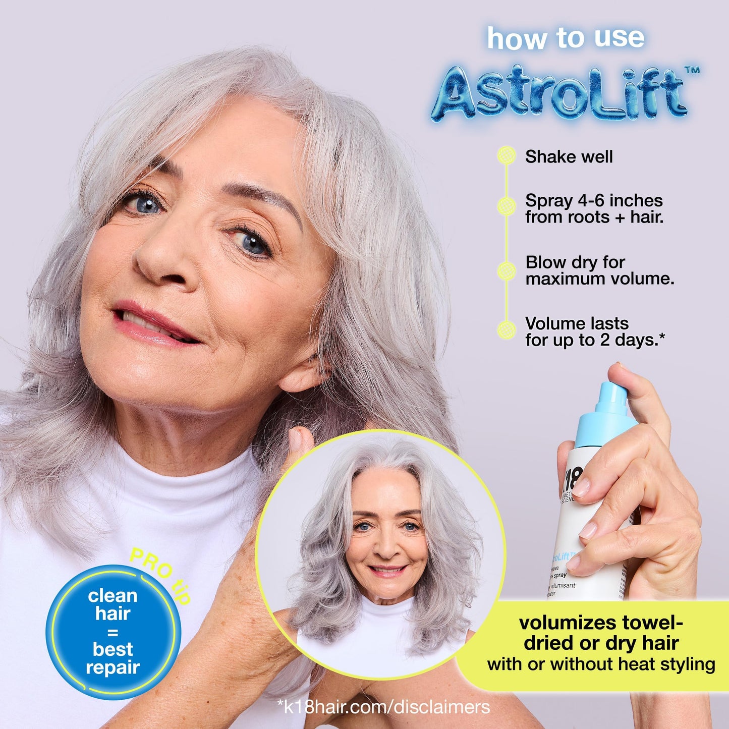 K18 AstroLift™ Reparative Volume Spray, 2-Day Hair Thickening + Hold For Thin, Fine, Fragile Hair, Non-Sticky, Non-Crunchy, Humidity-Resistant Volumizing Spray, 1.6 Fl Oz