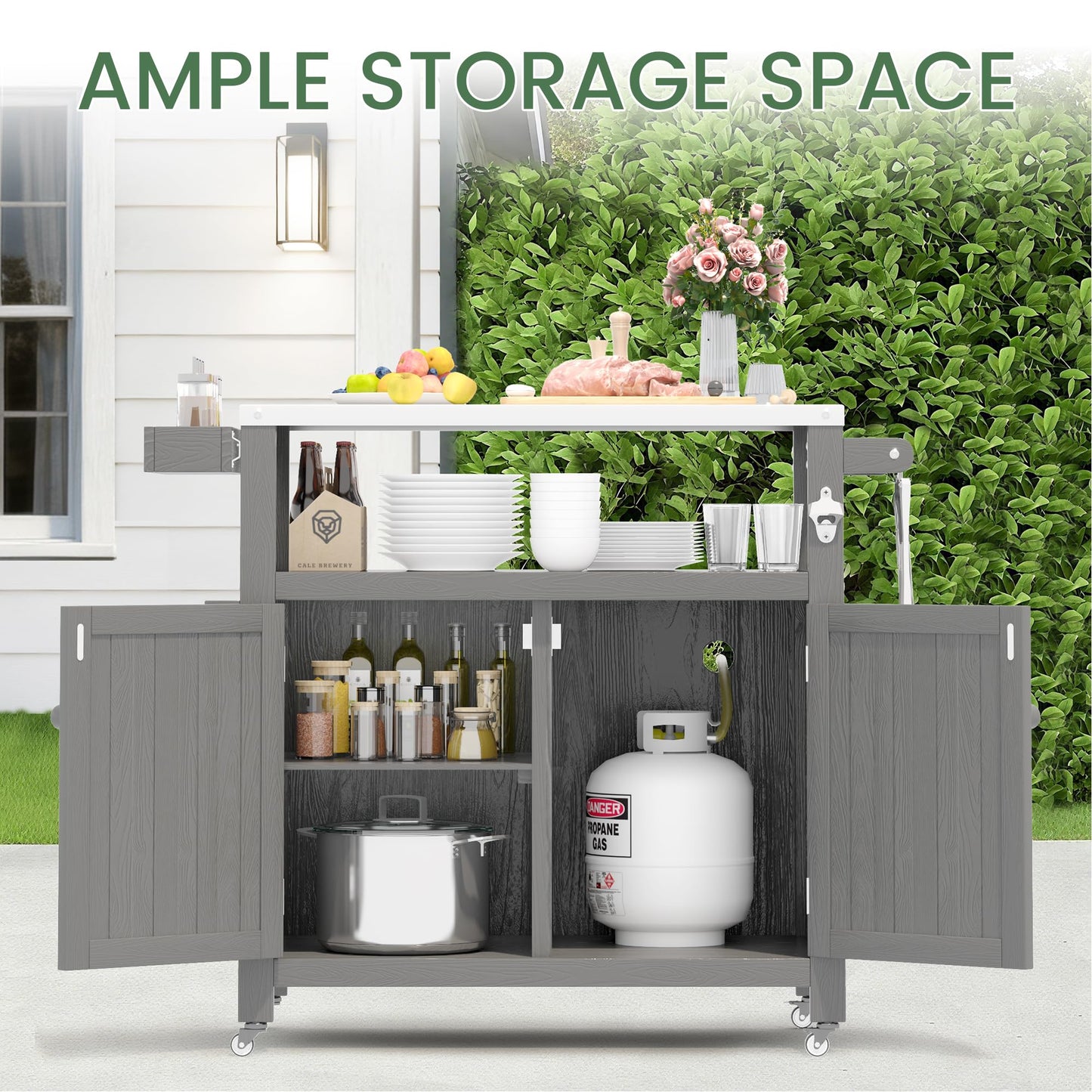 Sunnibety Weatherproof HIPS Outdoor Kitchen Island with Stainless Steel Top & Storage Cabinet, Movable Prep Table with Wheels for BBQ Food Prep, Outdoor Grill Cart for Parties, Grey