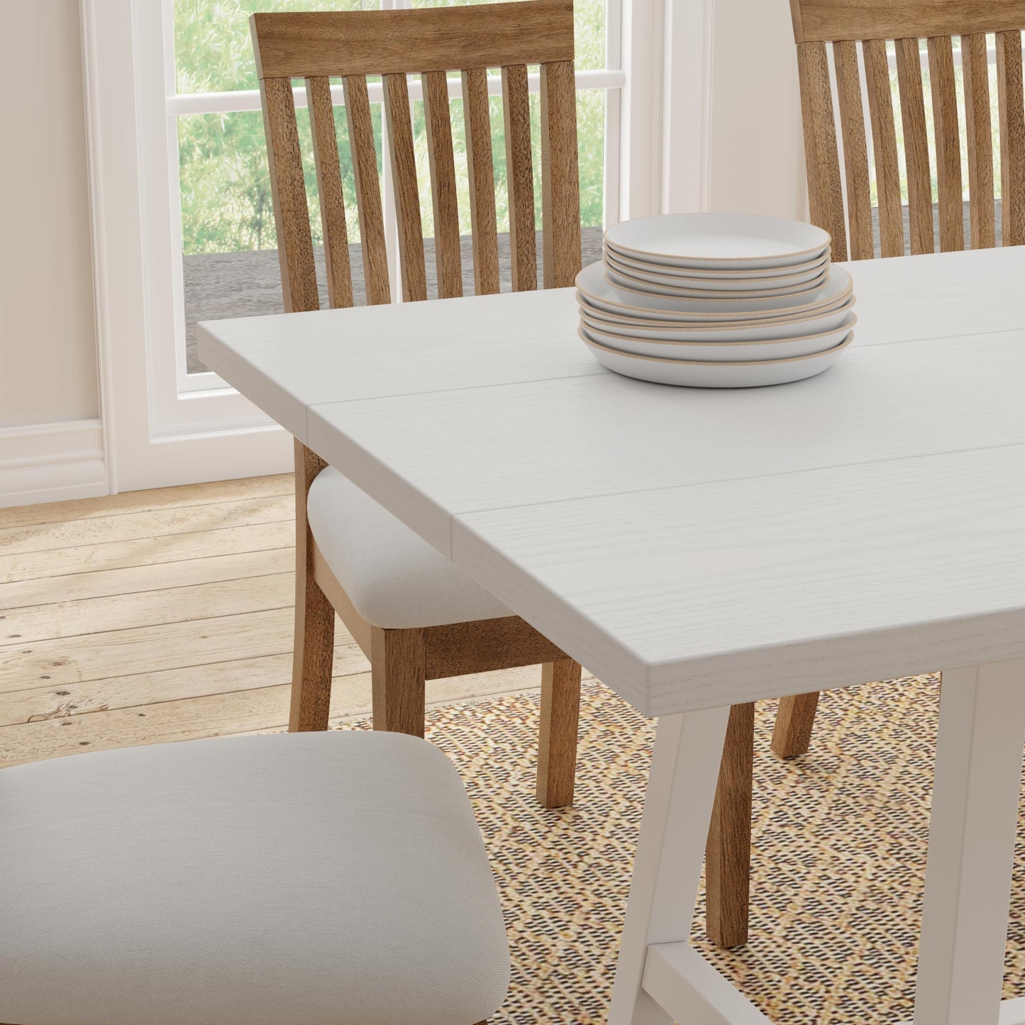 ComfIQ 84" Harthwell Solid Wood Frame Modern Farmhouse Dining Table, Comfortable Seats 6 to 8 Chairs in White, Easy-Assembly