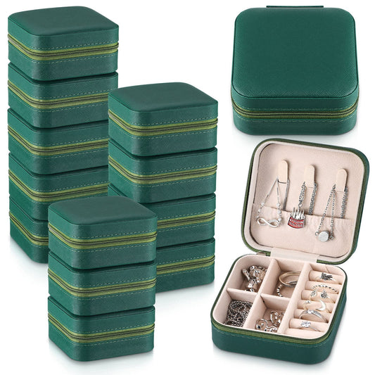 Yinkin 12 Pcs Mini Travel Jewelry Case Bridesmaid Proposal Gift Boxes, Small PU Leather Earring Organizer, Bulk Travel Accessories Portable Jewelry Holder(Green)