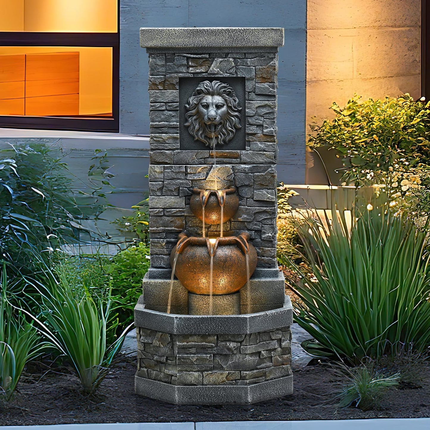 42'' Outdoor Garden Floor-Standing Water Fountain Lion Head Stone with Lights Outdoor Waterfall for Patio, Backyard, Deck, Porch and Home Art Decor