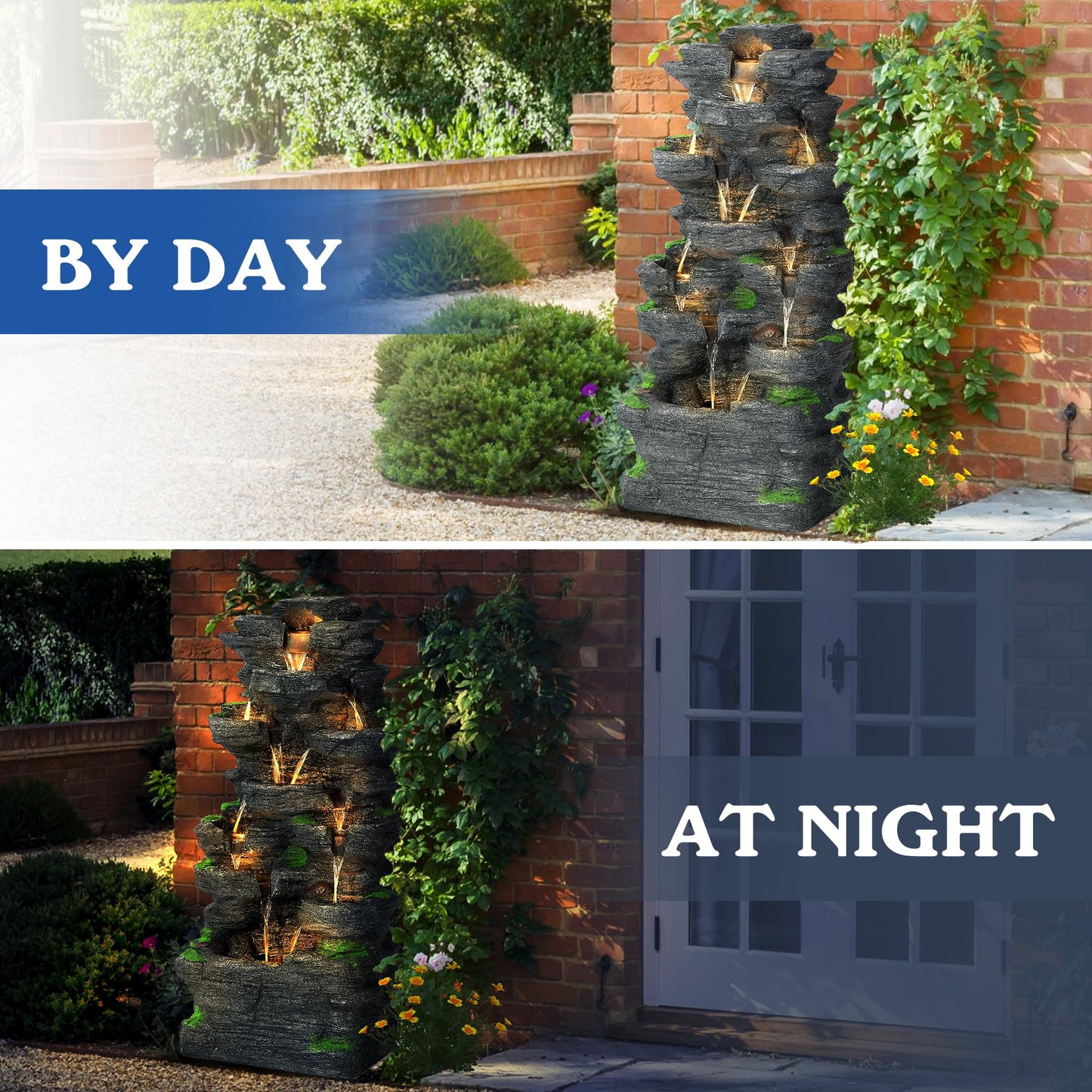 TOBYUL Garden Waterfall Fountain Outdoor - Water Fountains and Waterfalls, Outdoor/Indoor Floor Standing Resin Water Fountain with LED Light for Patio, Garden and Backyard, Deck, Porch, Home (40" H)