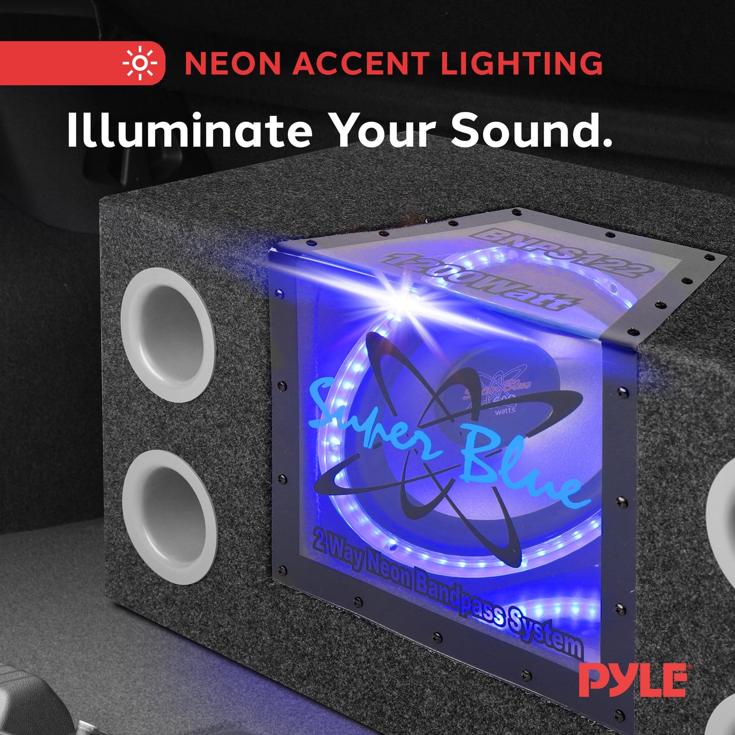 12" 1200W Car Audio Subwoofer - 2 Way Neon Bandpass Speaker System w/Blue Lights, DC 12V Input/4 Ohm/32Hz-1KHz Freq.Res w/Plexi-Glass Front Window & Silver Polypropylene Cone
