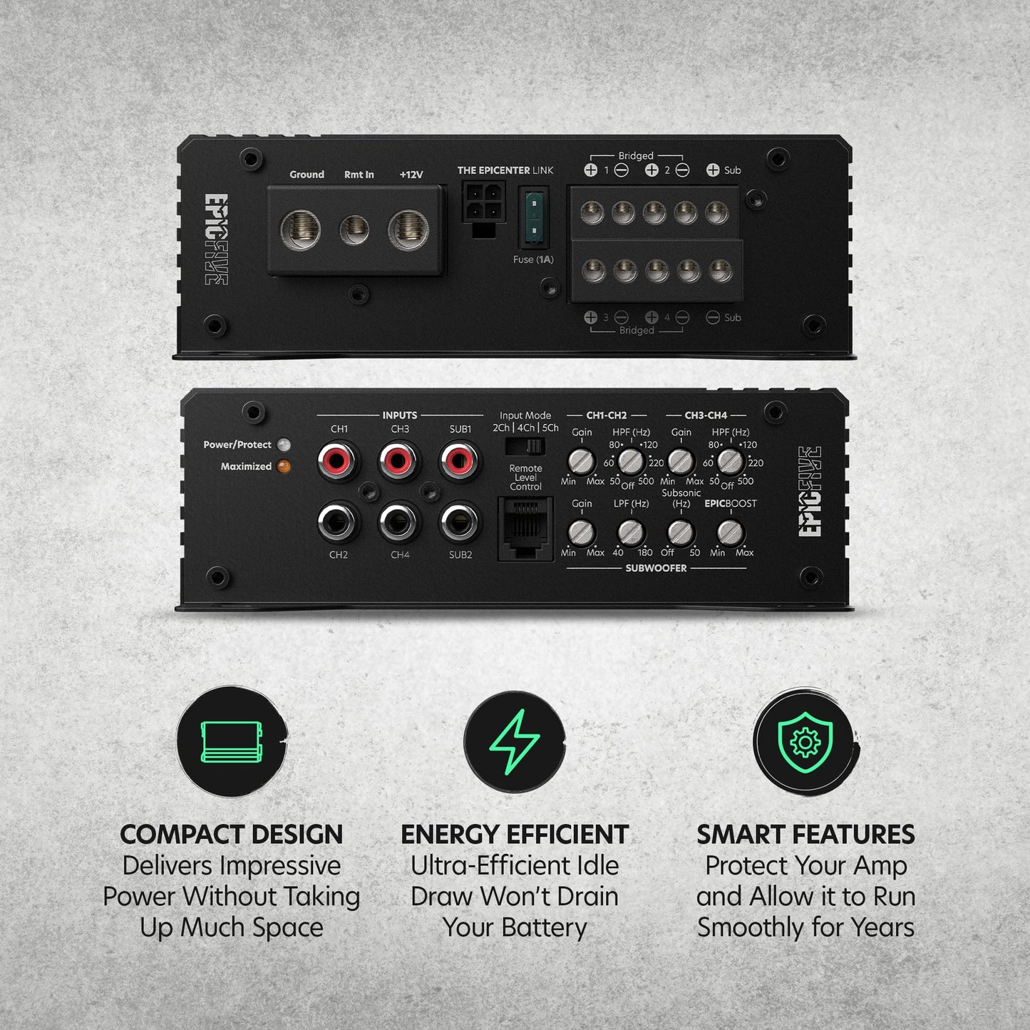 AudioControl EPICFIVE 5-Channel Amplifier Car Audio 1100W RMS, Compact Digital Class D, Includes Bass Knob, High/Low Pass & Subsonic Filter, Epic Bass Boost, Smart Auto Protection, Epicenter Link