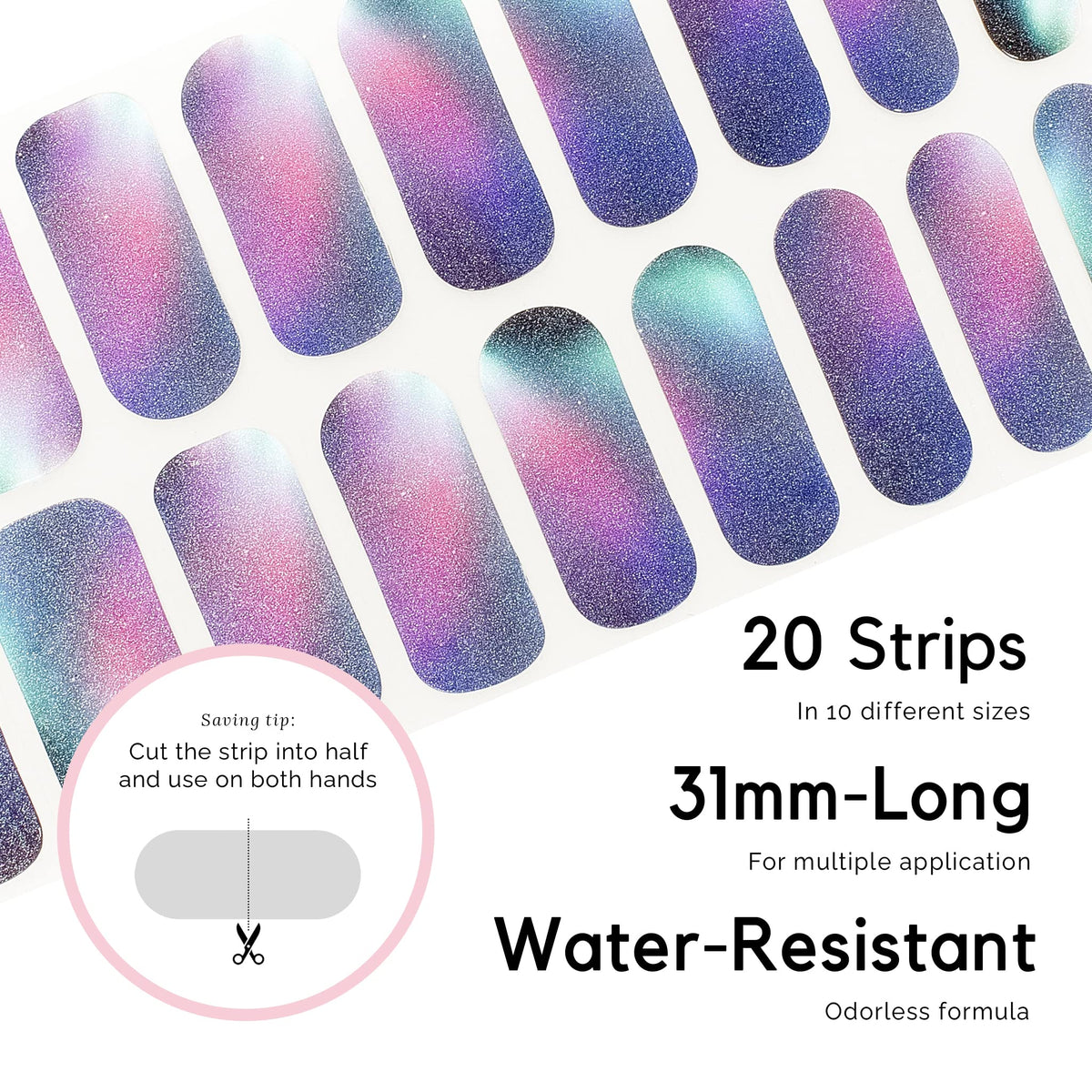 Semi Cured Gel Nail Strips, NAILOG 20pcs Long Lasting Nail Stickers Work with Any UV Light, Wraps with Glossy Gel Finishing for Women Girls Kids DIY Gift│Aurora