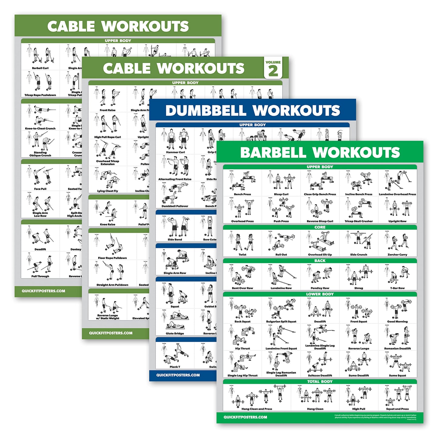 4 Pack - Cable Machine Workout Posters Volume 1 & 2 + Dumbbell Exercises + Barbell Exercises (LAMINATED, 18" x 24"")"