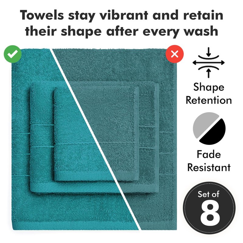Novo Home Bath Towels Set of 8 – 100% Cotton (Teal) Bathroom Towel Set Bale Includes 2 Bath, 2 Hand, 4 Face Towels – Soft, Absorbent & Quick Dry Towel for Bathroom, Spa, Kitchen, Hotel Use