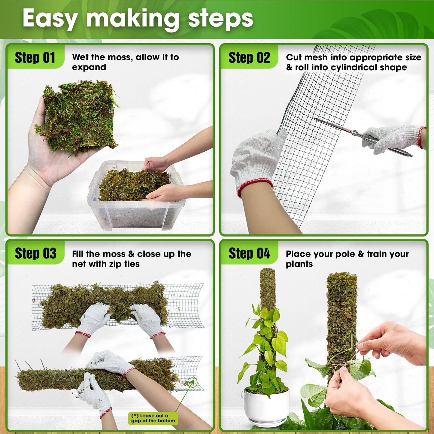 DUSPRO DIY Moss Pole Kit, Metal Moss Pole for Plant Monstera, Pothos, Philodendron, 1pc 8.6’’ x 6.5 ft Wire Moss Pole Mesh with Forest Moss, Cable Zip Ties, Gloves
