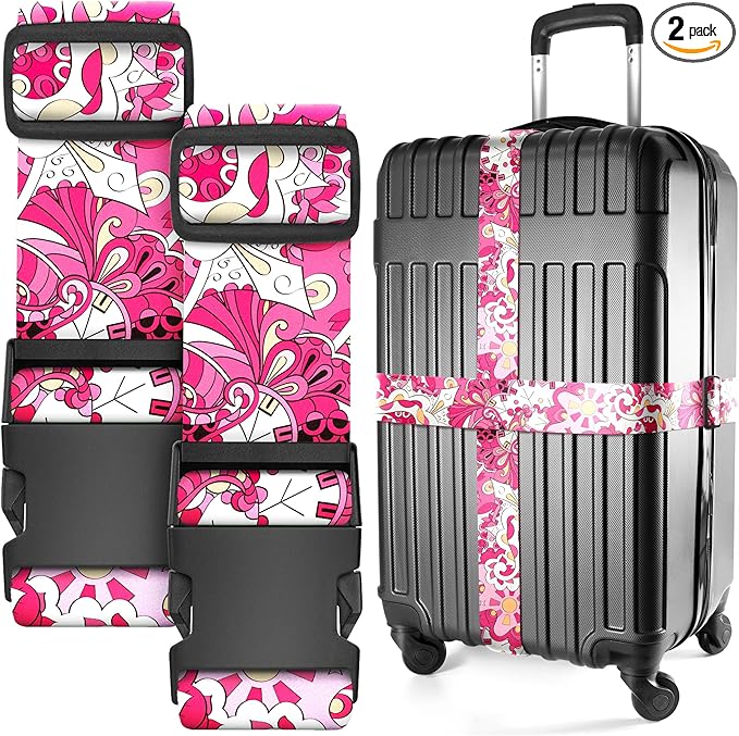 Luggage Straps for Suitcases - TSA Approved - Pink Geometric, 2 PK - Premium Belts for Suitcase, Briefcase & Travel Bag - Adjustable Strap Length 41" - 78"
