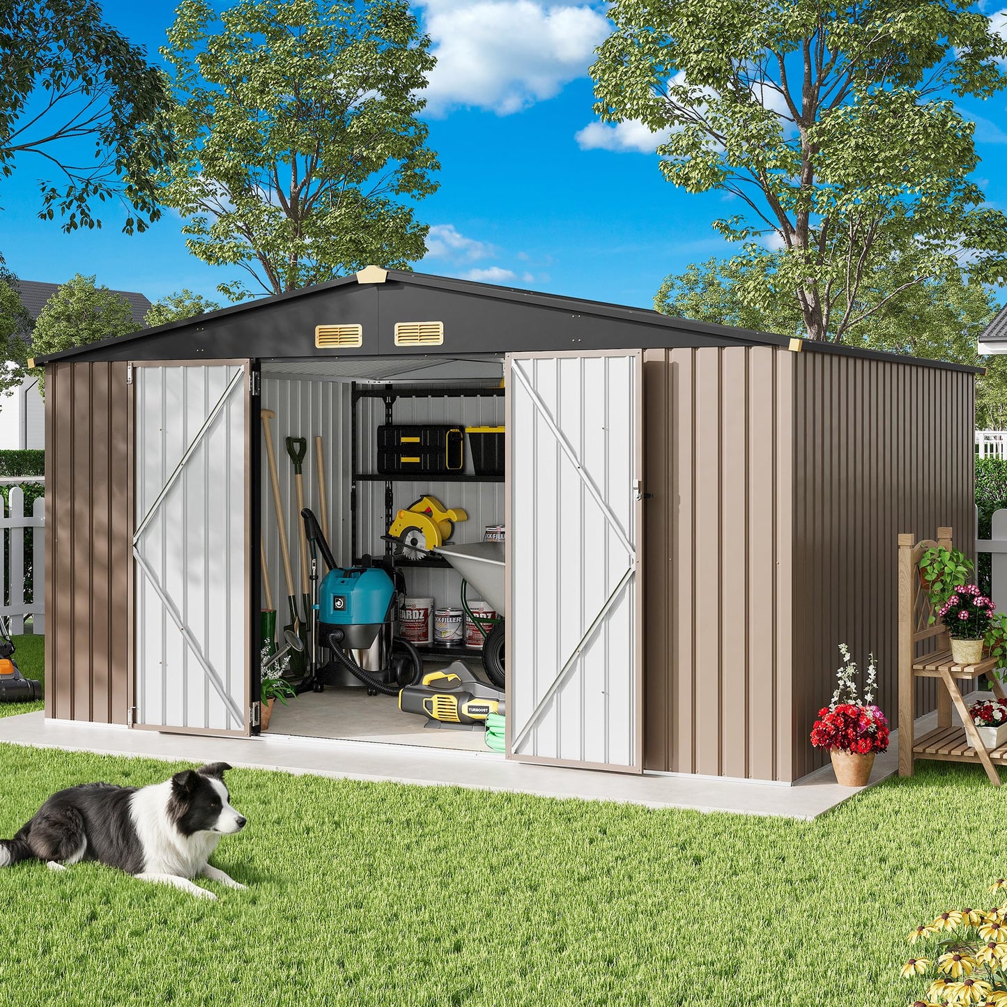 IRONCK 10x12FT Outdoor Storage Shed, Metal Garden Tool Shed with Breathable Vent and Lockable Doors, Outside Storage for Backyard, Poolside, Patio, Brown