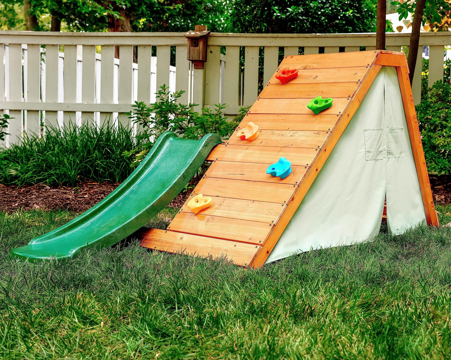 Avenlur Palm Outdoor and Indoor Playground 5 in 1 Backyard Playset with Ladder, Rock Wall, 4 ft. Slide, Tent Fort, Montessori Style Play Set Climber Playhouse Toddlers, Children, Kids 2-6yr (Green)