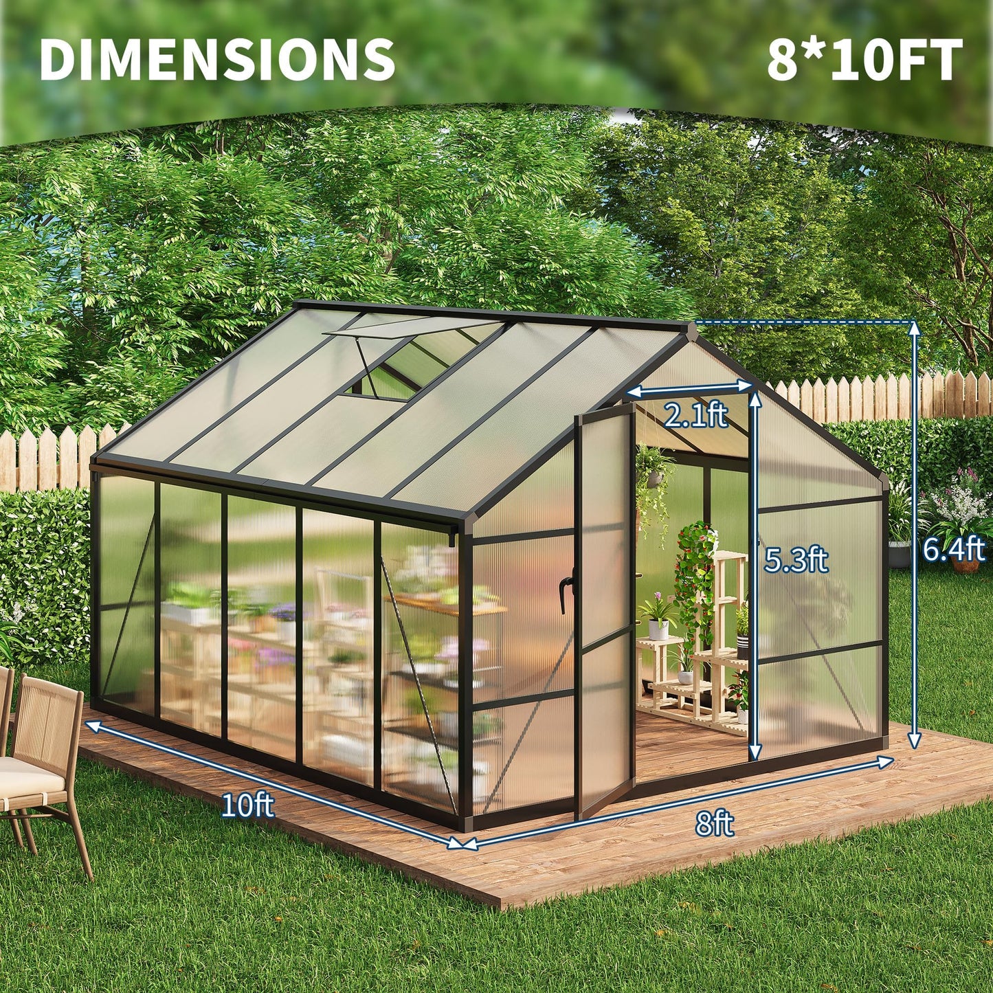8x10 FT Greenhouse, Greenhouses for Outside, Polycarbonate Greenhouse with Aluminum Frame, Lockable Door and Ajustable Roof Vent for Backyard, Green Houses for Outside Garden Backyard, Patio