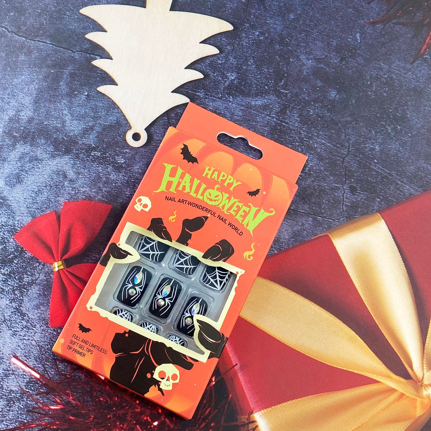 Halloween Press on Nails Short Fake Nails Full Cover Cute False Nails with Skull Designs Acrylic Nails Dark Glossy Stick on Nails for Women Girls Party DIY Manicure or Nails 24pcs