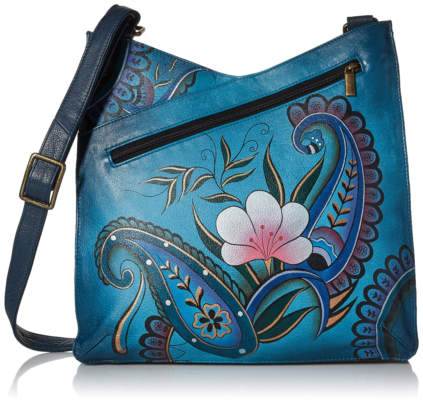 Anna by Anuschka Women's Genuine Leather Large V Top Multi-Compartment Cross Body | Hand Painted Original Artwork | Denim Paisley Floral