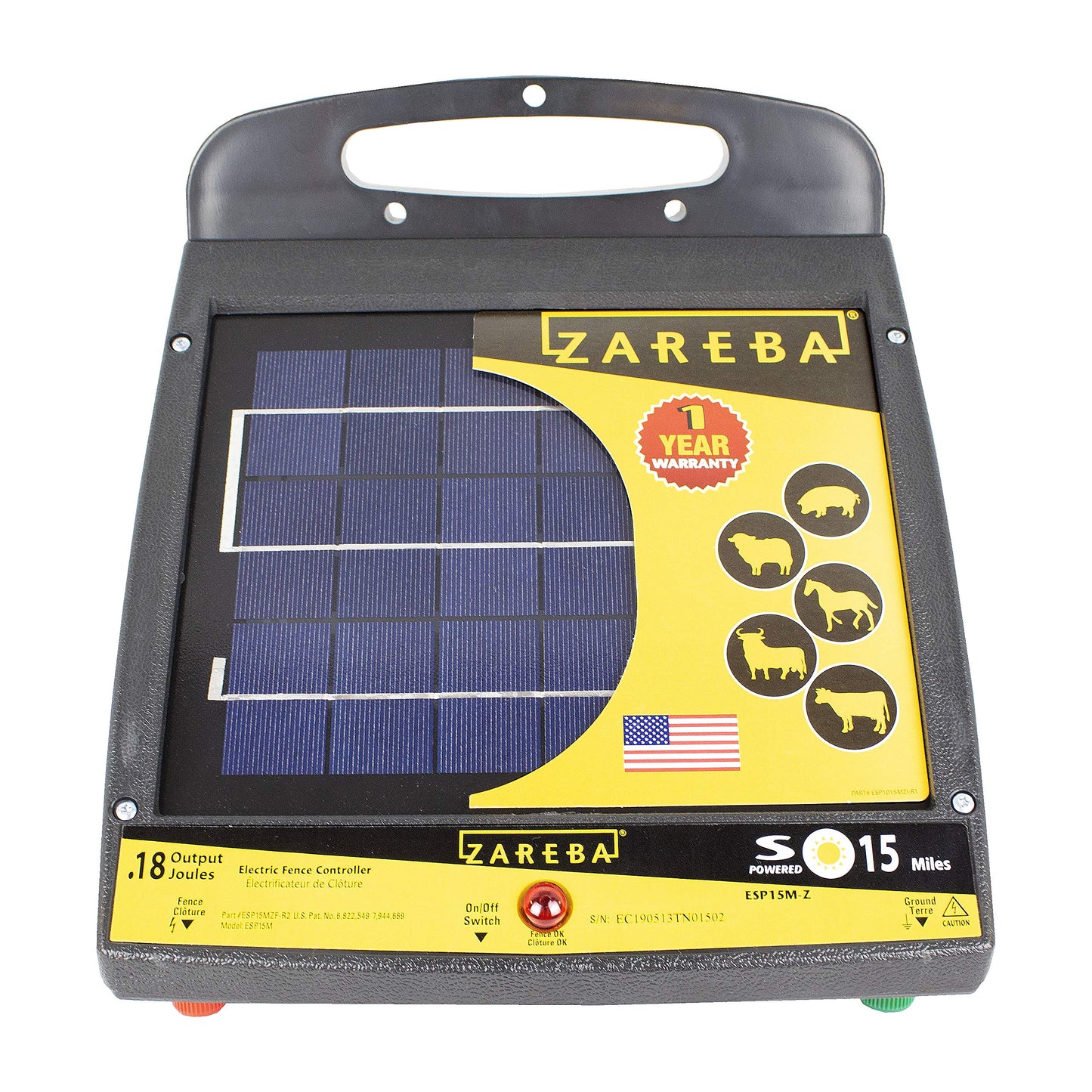 Zareba Solar Powered Low Impedance Electric Fence Charger, 15 Mile Solar Powered Electric Fence Energizer, Contain Animals, Keep Out Predators - ESP15M-Z