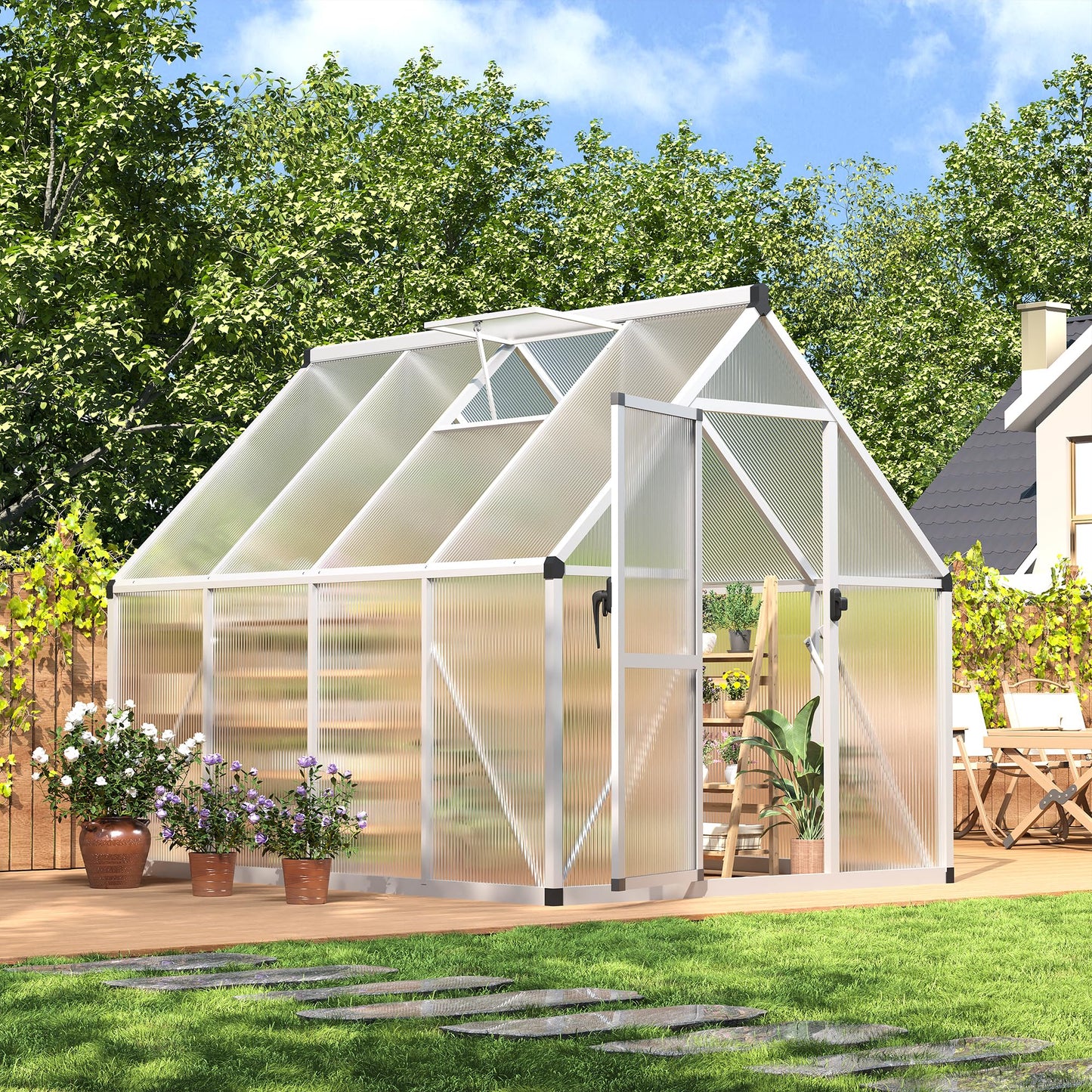 IDEALHOUSE 6x7 FT Greenhouse for Outdoors, Lockable Door and Ajustable Roof Vent, Polycarbonate Greenhouse with Windproof Aluminum Frame, Aluminum Walk-in Greenhouses, for Backyard, Lawn
