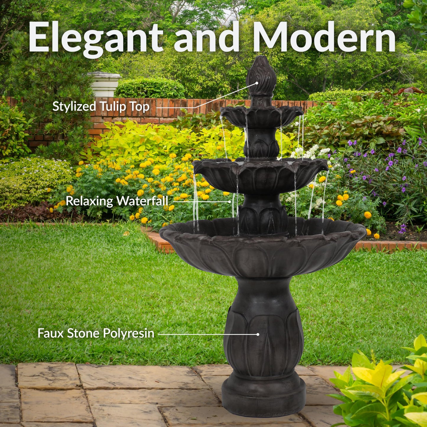 Sunnydaze Classic Tulip 46" Tiered Outdoor Water Fountain - 3-Tiered Outdoor Fountain for Garden, Patio, or Backyard - Dark Brown